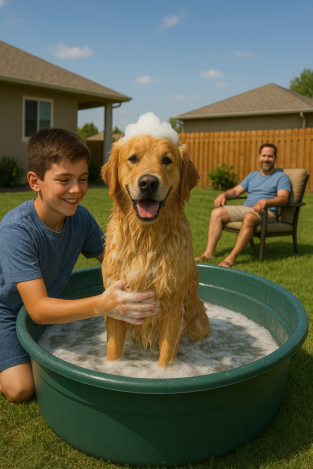 Dog washing station in an oval stock tank